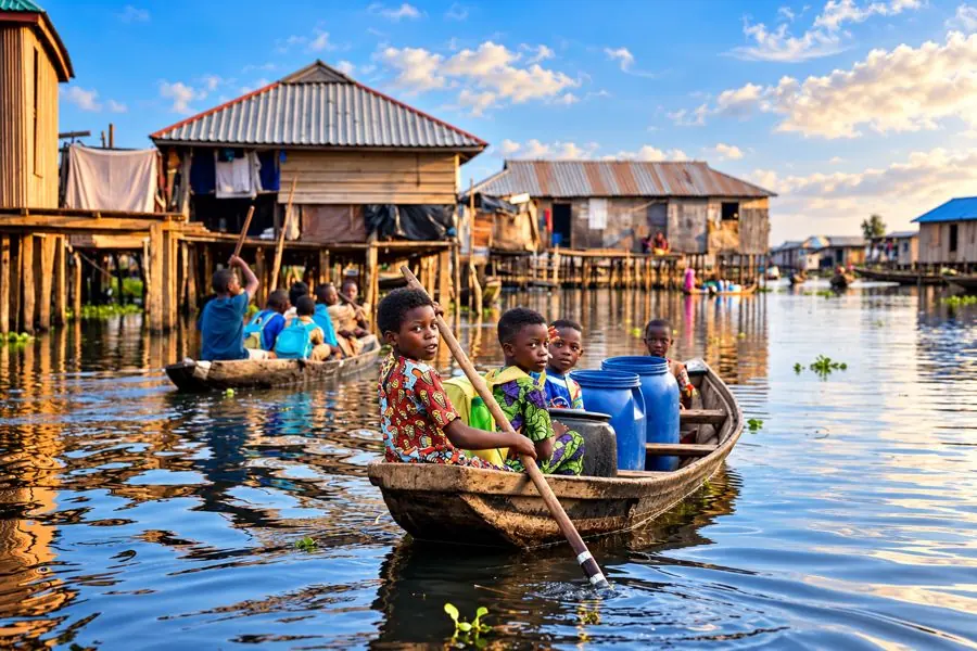 Enfants en pirogue en bois devant les maisons sur pilotis du village lacustre.
