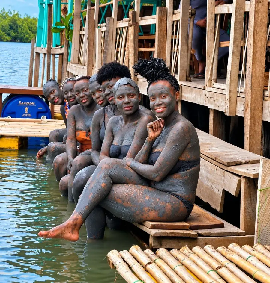 Groupe de visiteuses couvertes d’argile, assises au bord de l’eau lors d’un bain d’argile à Gogotinkpon.