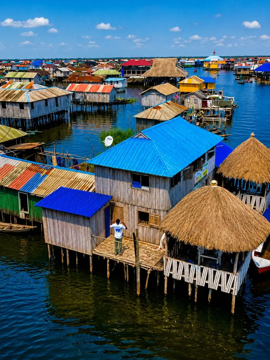 Vue aérienne des maisons sur pilotis aux toits colorés de Ganvié, sur le lac Nokoué.
